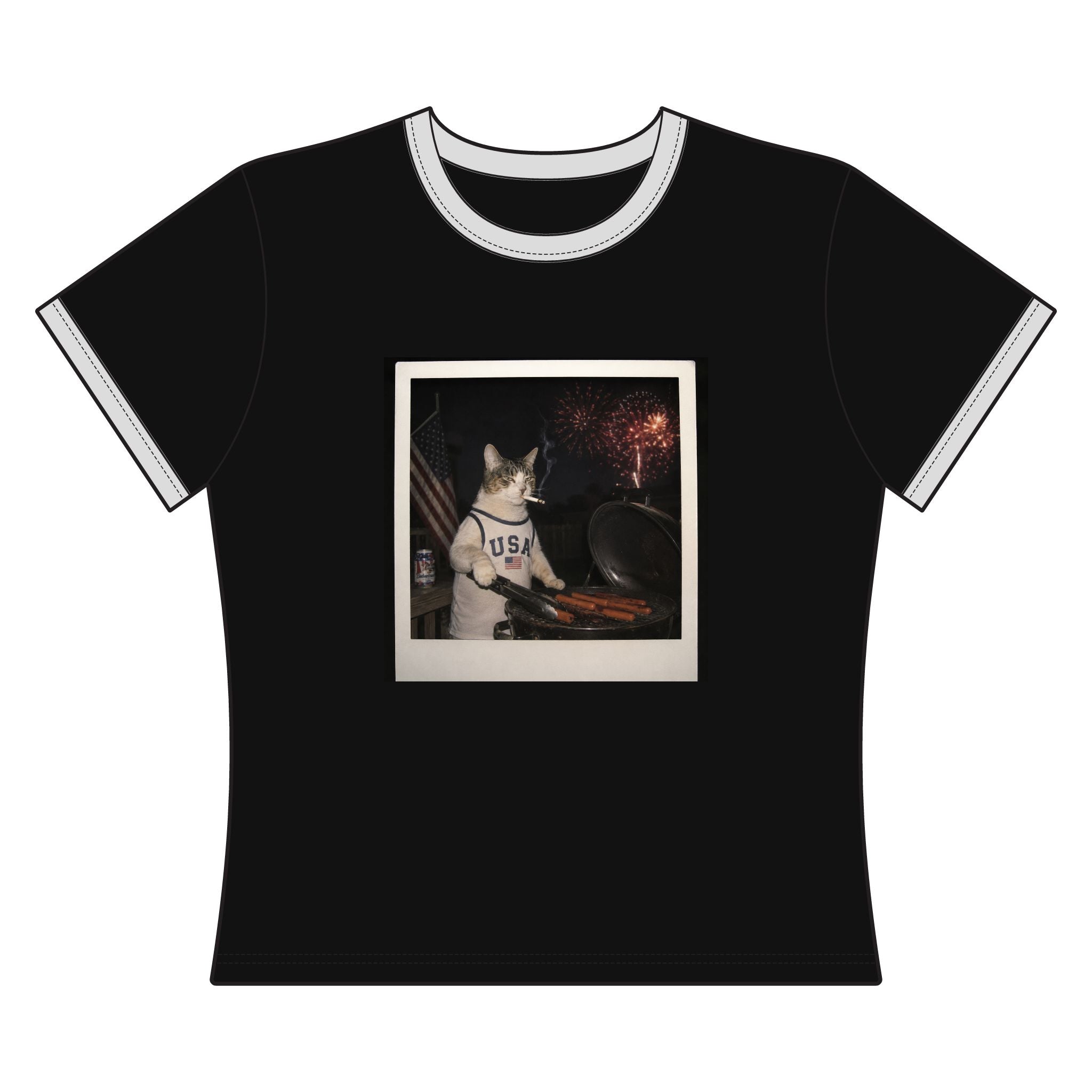 Patriotic Cat BBQ Ringer Tee — USA Fourth of July Grill Shirt